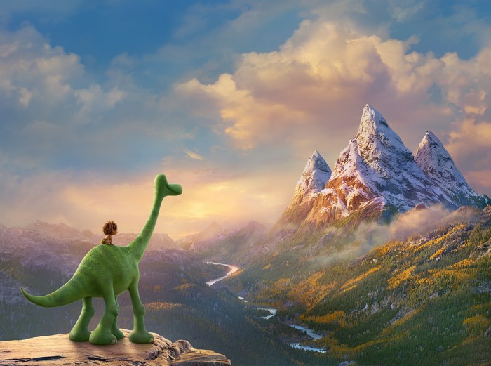 Arlo and Spot from The Good Dinosaur overlooking mountains