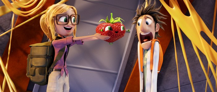 Sam Sparks and Flint Lockwood with a strawberry from Cloudy with a Chance of Meatballs 2