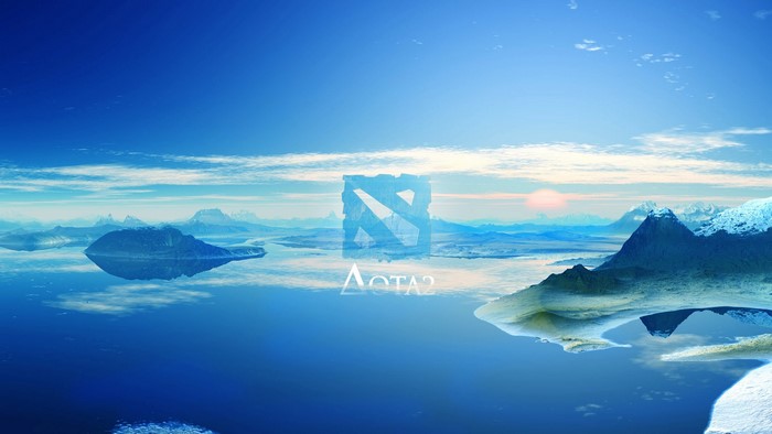 DOTA 2 logo over a serene icy landscape