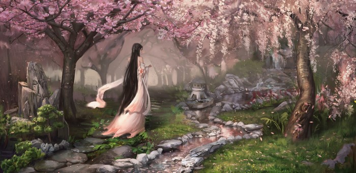 Woman with long hair in a pink dress under sakura trees