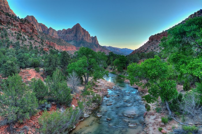 Virgin River and Watchman in Zion National Park, USA
