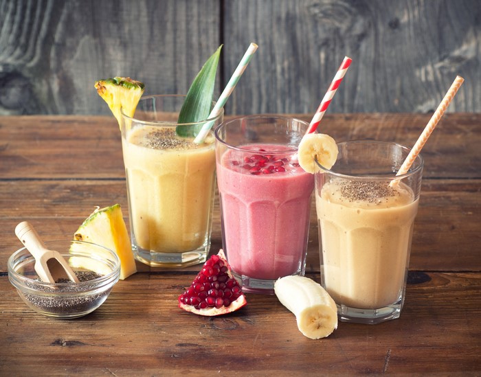 Three Smoothies with Fruits and Chia Seeds