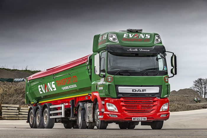 Green DAF Transport Ltd. Tipper Truck with Red Accents