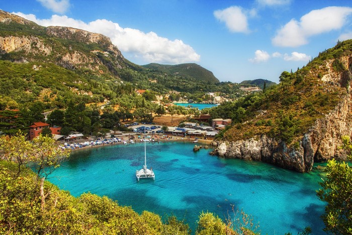 Paleokastritsa Bay, Corfu, Greece with Catamaran