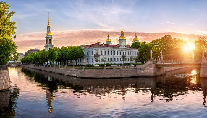 St. Petersburg Canal with Cathedral and Bridge at Sunset