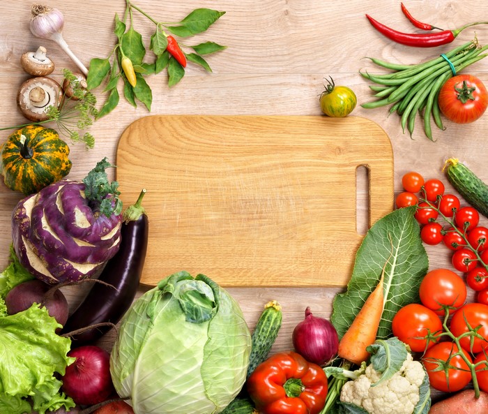 Vegetables and cutting board