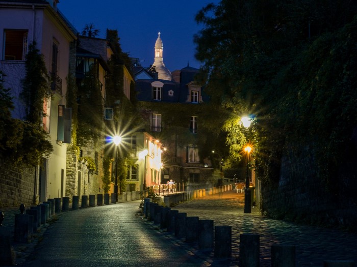 Street at night in Montmartre, Paris, France