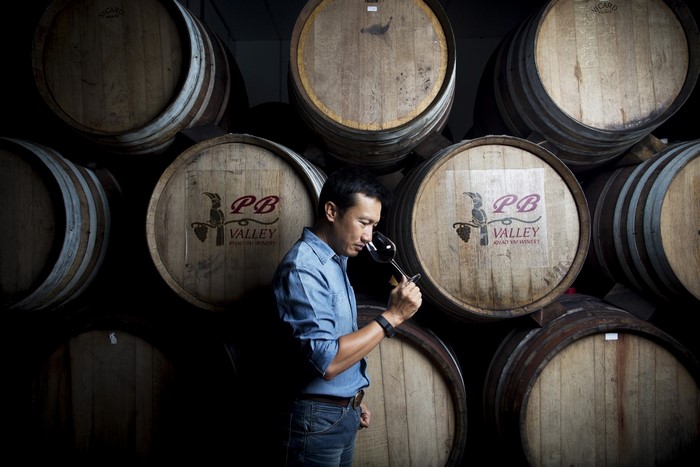 Man smelling wine in front of wine barrels