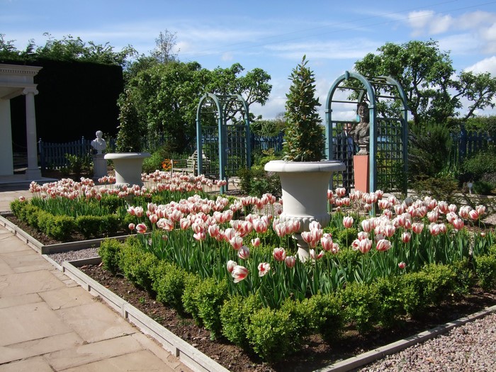 Laskett Gardens tulips and sculptures in the UK