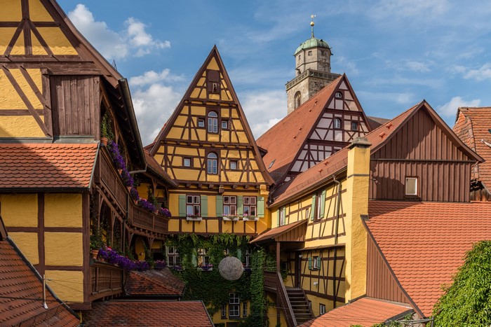 Half-timbered houses and church tower in Germany