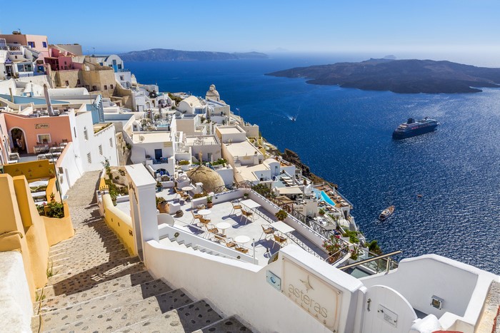 Santorini Greece Coast Houses Ships Sea Stairs