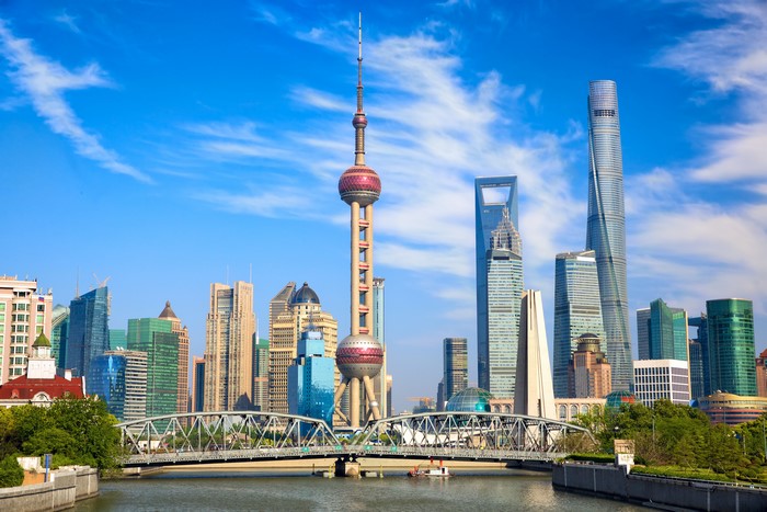 Shanghai skyline with Oriental Pearl Tower and skyscrapers