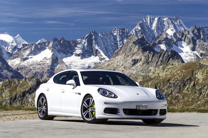 White 2013 Porsche Panamera S E-Hybrid in mountains