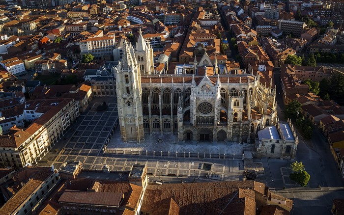 Aerial view of Leon Cathedral and surrounding city, Spain