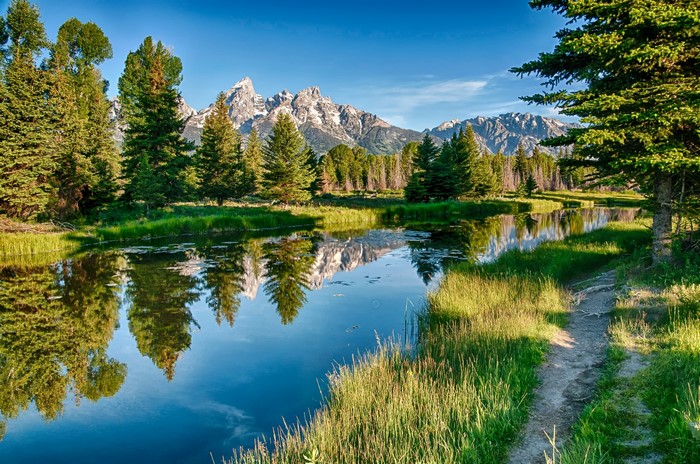 Mountains reflected in a river with trees