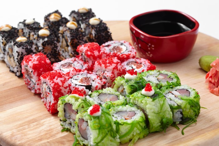 Sushi platter with soy sauce and ginger