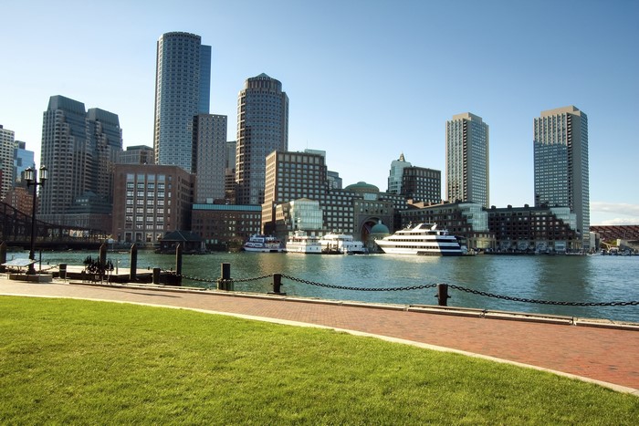Boston Waterfront Skyline with Boats and Green Lawn