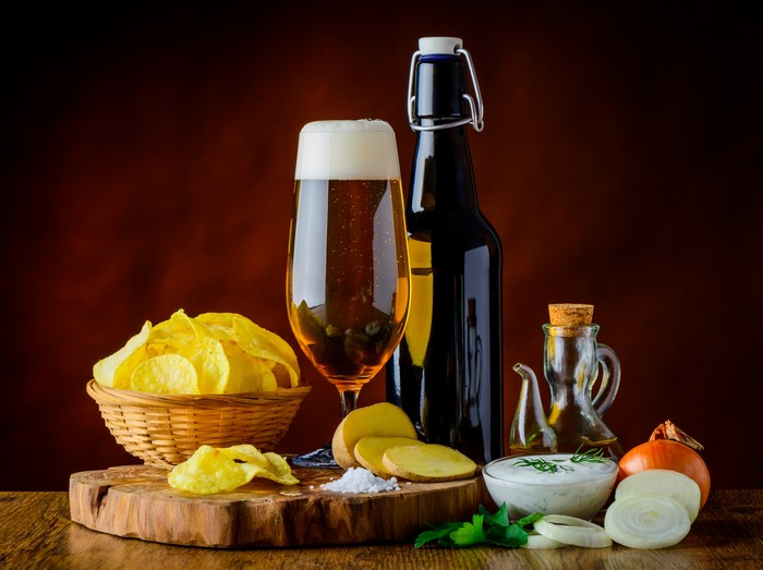 Beer, Chips, Onion, and Dip