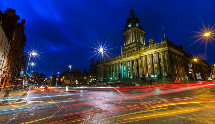 Leeds Town Hall at Night with Light Trails
