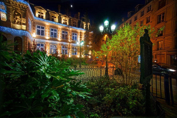 Parisian building at night with street lights and foliage