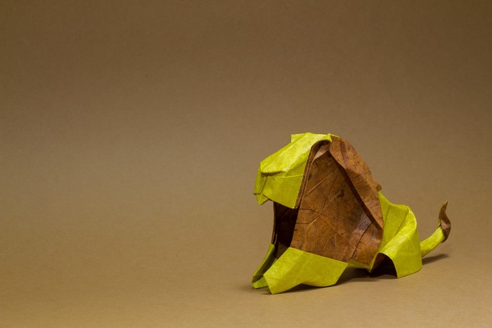 Origami lion made from leaves