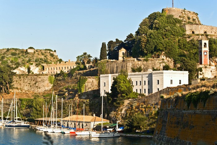 Old Fortress and Harbor with Sailboats in Corfu, Greece