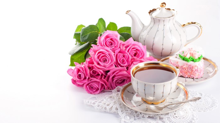 Pink Roses with Tea Set and Cake