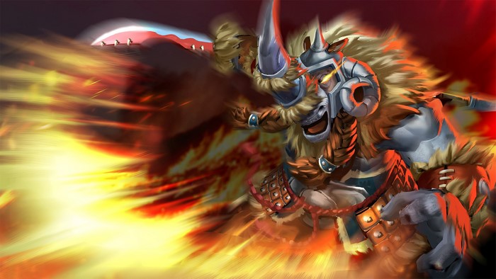 Magnus from DOTA 2 with a fiery weapon