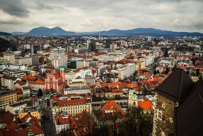 Ljubljana, Slovenia cityscape with mountains