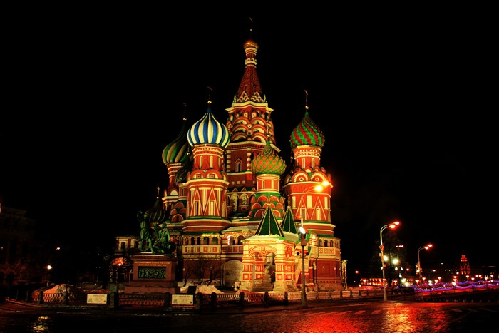 Saint Basil's Cathedral at night in Moscow, Russia