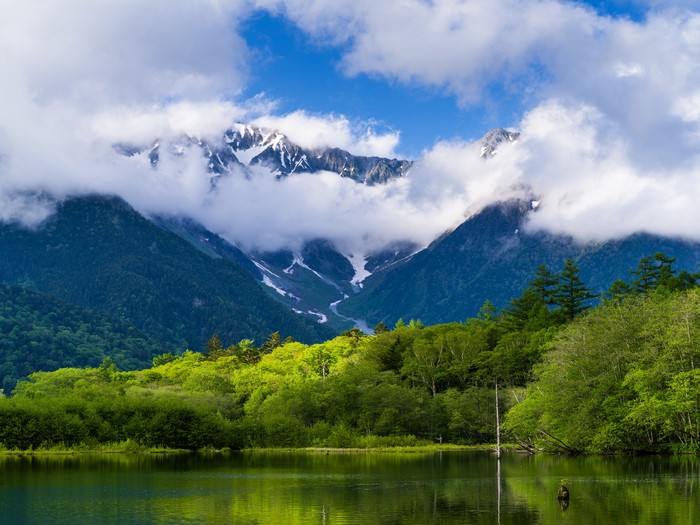 Mountains over a lake with forests and clouds