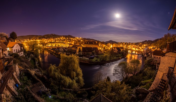 Cesky Krumlov at Night with Moon and Stars