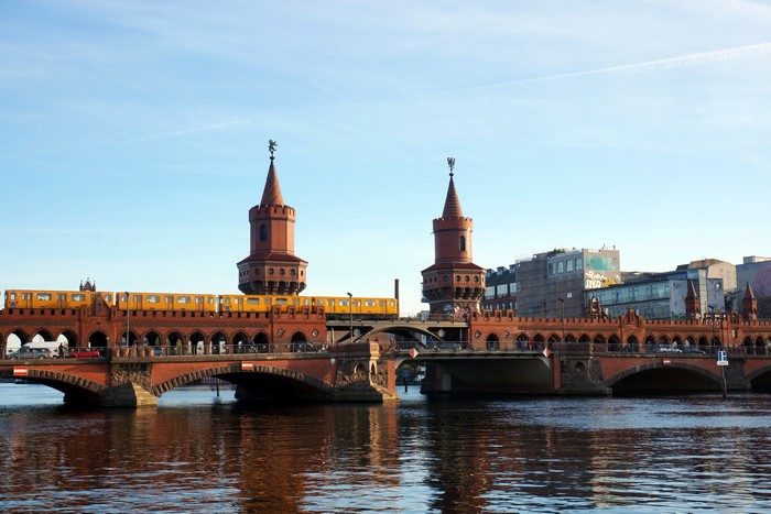 Oberbaum Bridge in Berlin, Germany with Train
