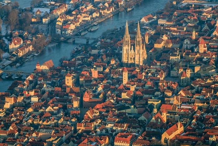 Aerial view of Regensburg, Germany with St. Peter's Cathedral
