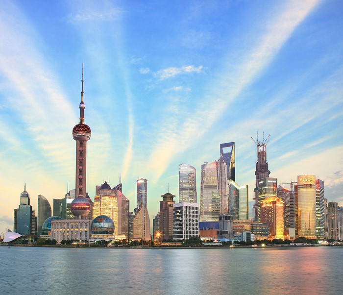 Shanghai skyline with Oriental Pearl Tower and skyscrapers