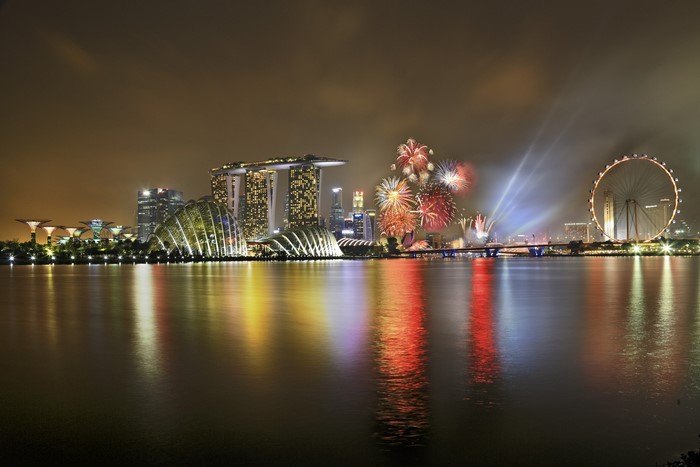Singapore skyline with fireworks over Marina Bay