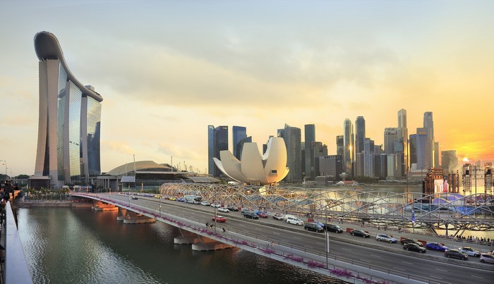 Marina Bay Sands and Singapore skyline with bridge