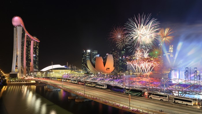 Fireworks over Marina Bay Sands, Singapore at night