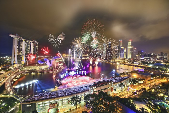 Singapore skyline with fireworks display over Marina Bay