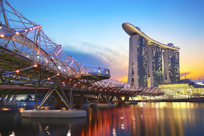 Helix Bridge and Marina Bay Sands at dusk, Singapore