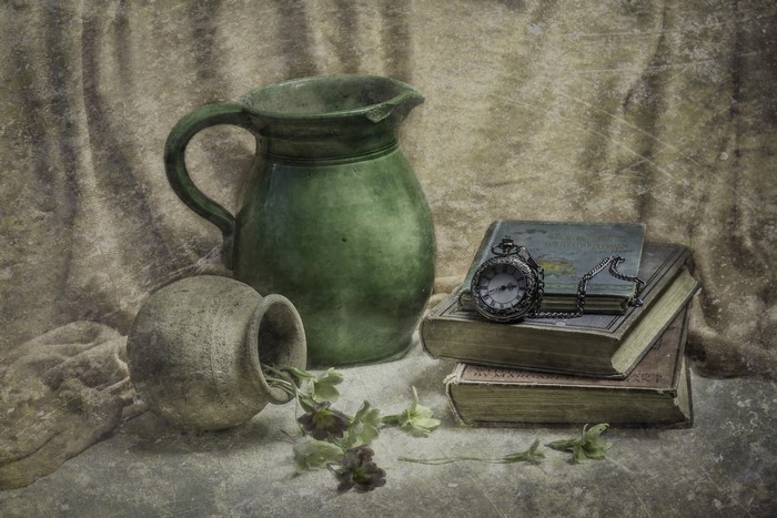 Still-life with jug, books, and pocket watch