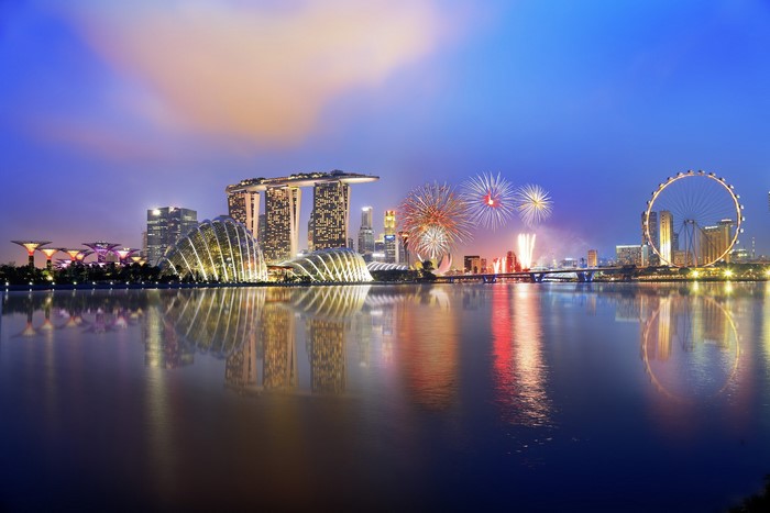 Singapore skyline with fireworks over Marina Bay
