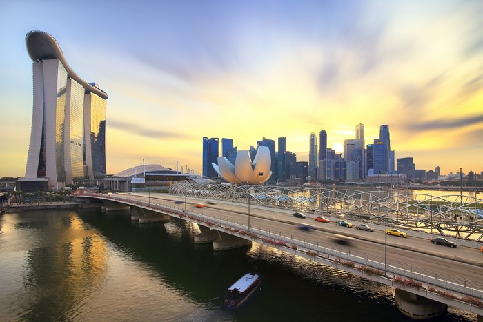 Marina Bay Sands and Singapore skyline at sunset