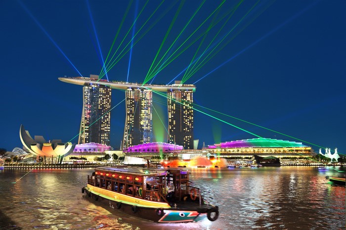 Marina Bay Sands Singapore at Night with Laser Show and Riverboat