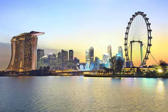 Marina Bay Sands and Singapore Flyer at dusk