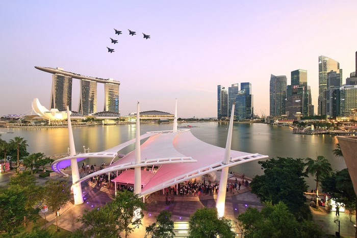 Fighter jets fly over Marina Bay Sands in Singapore