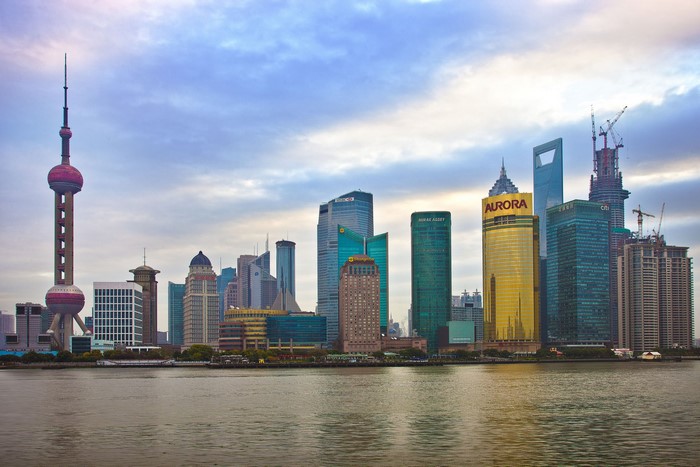 Shanghai skyline with Oriental Pearl Tower and skyscrapers