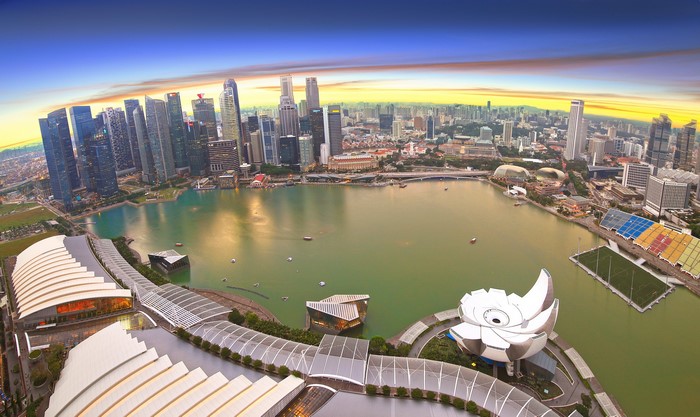Singapore skyline and Marina Bay Sands at sunset