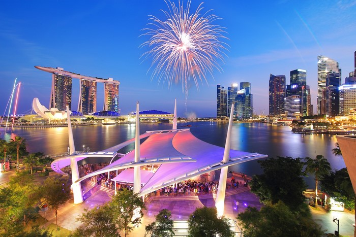 Fireworks over Marina Bay Sands in Singapore at night
