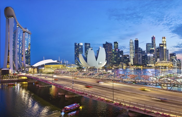 Marina Bay Sands and Singapore skyline at dusk